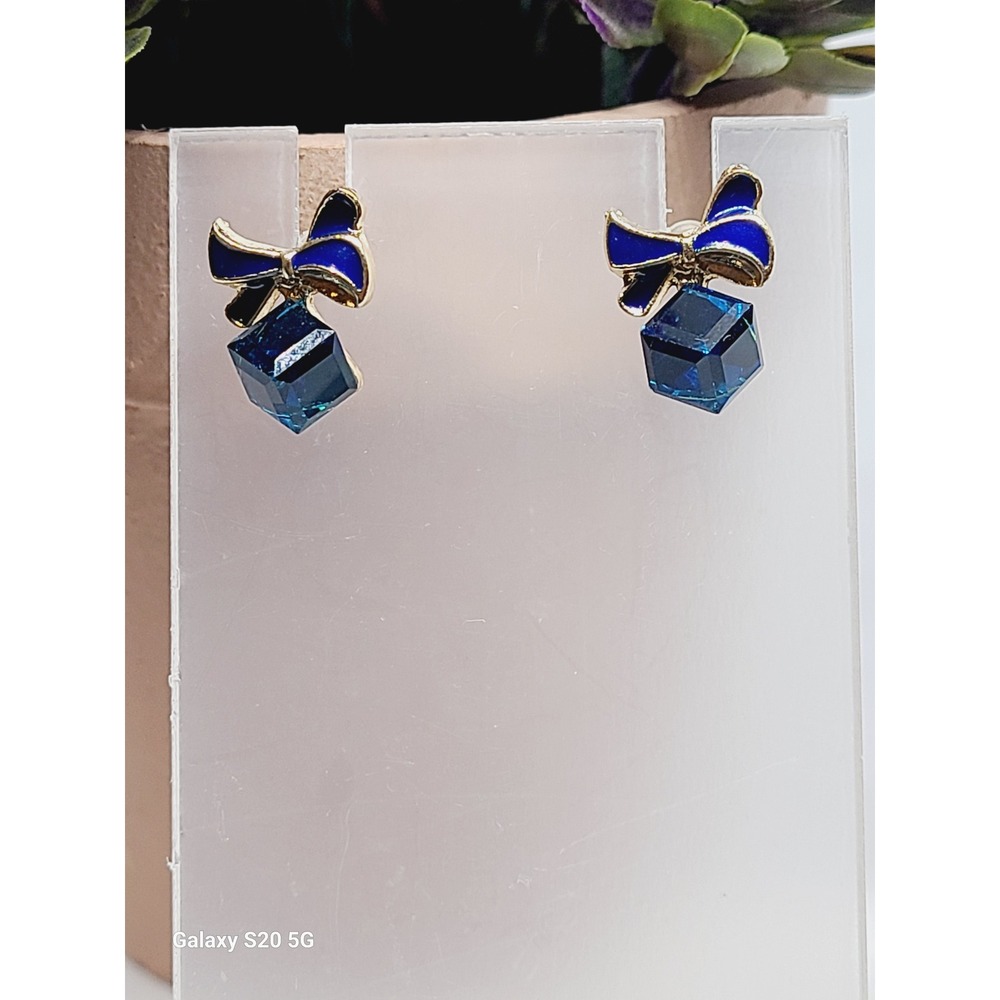 Blue Enamel Bow Sapphire Crystal Cube Stud Earrings Gold Tone‎ Whimsical Jewelry